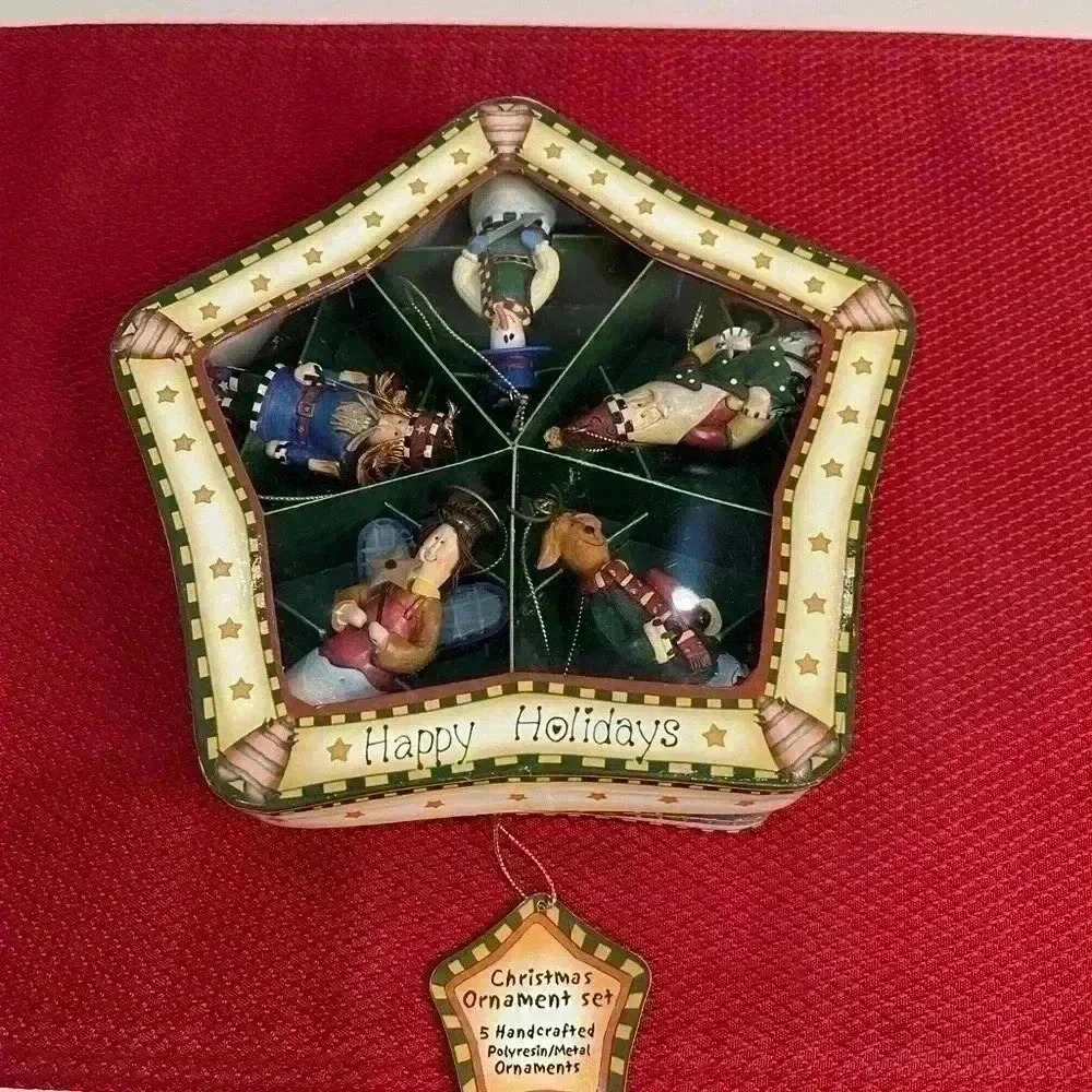 Christmas ornament set of five handcrafted poly resin metal ornaments, new inbox